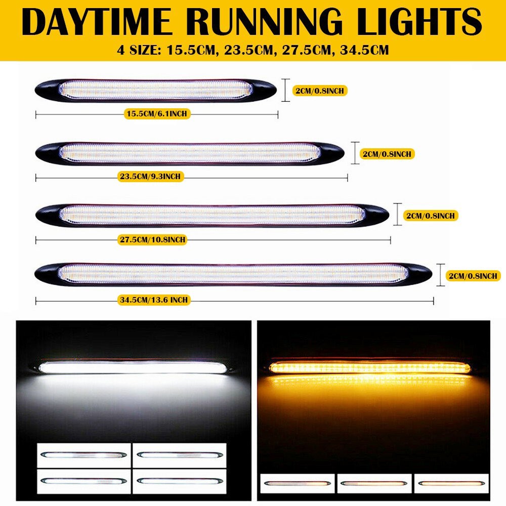 2PCS LED DRL Strip Car Daytime Running Light Sequential Turn Signal White/Amber