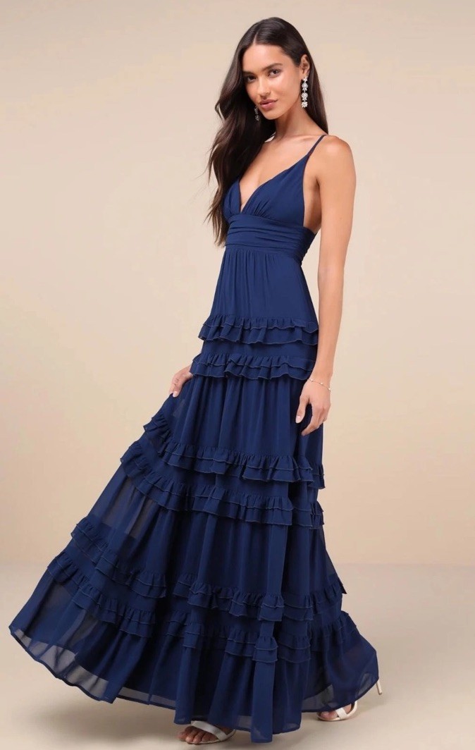 Lulus Dress Womens Small Navy Lavish Perfection Ruffled Tiered Maxi V Neck Gown