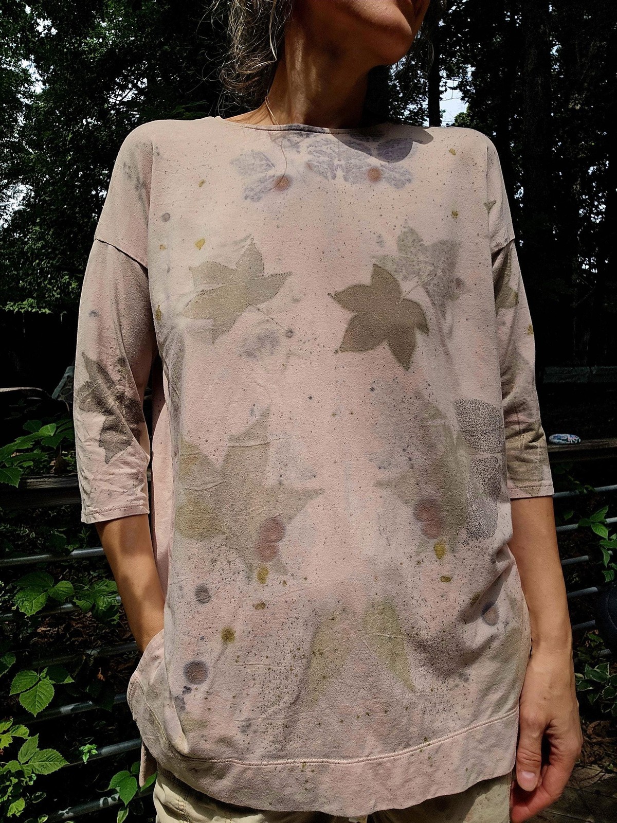 Upcycled Botanical Eco Print Tunic Top S | M soft cotton boho pink handmade