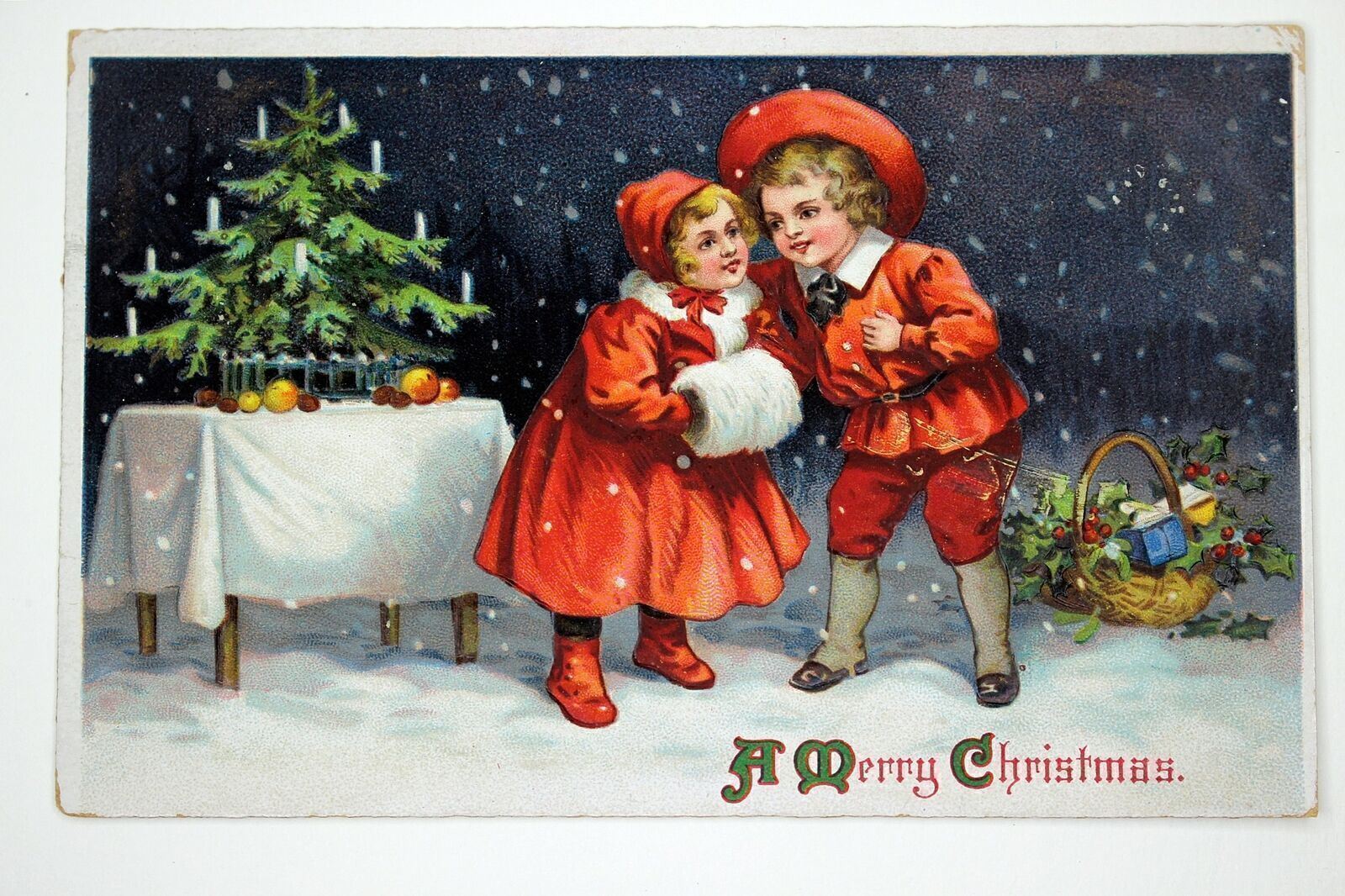 c.1911 Children Playing Christmas Tree w/Holly Embossed Postcard Tucson, AZ #83