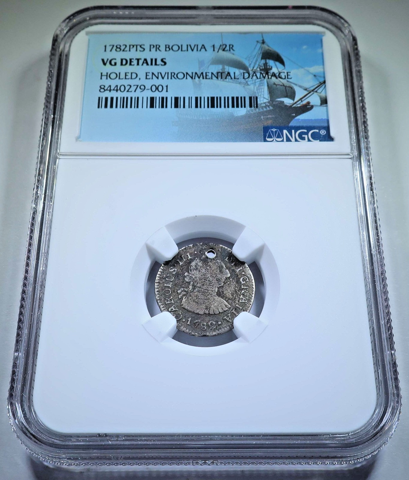 NGC 1782 Spanish Bolivia Holed 1/2 Reales Genuine 1700\'s Pirate Treasure Coin