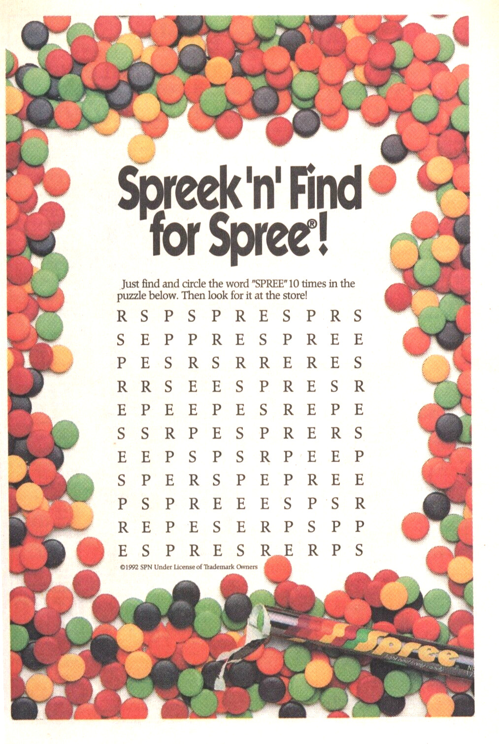 VINTAGE ADVERTISING SPREE CANDY CROSSWORD PUZZLE BY WILLY WONKA CANDY CO. 1993
