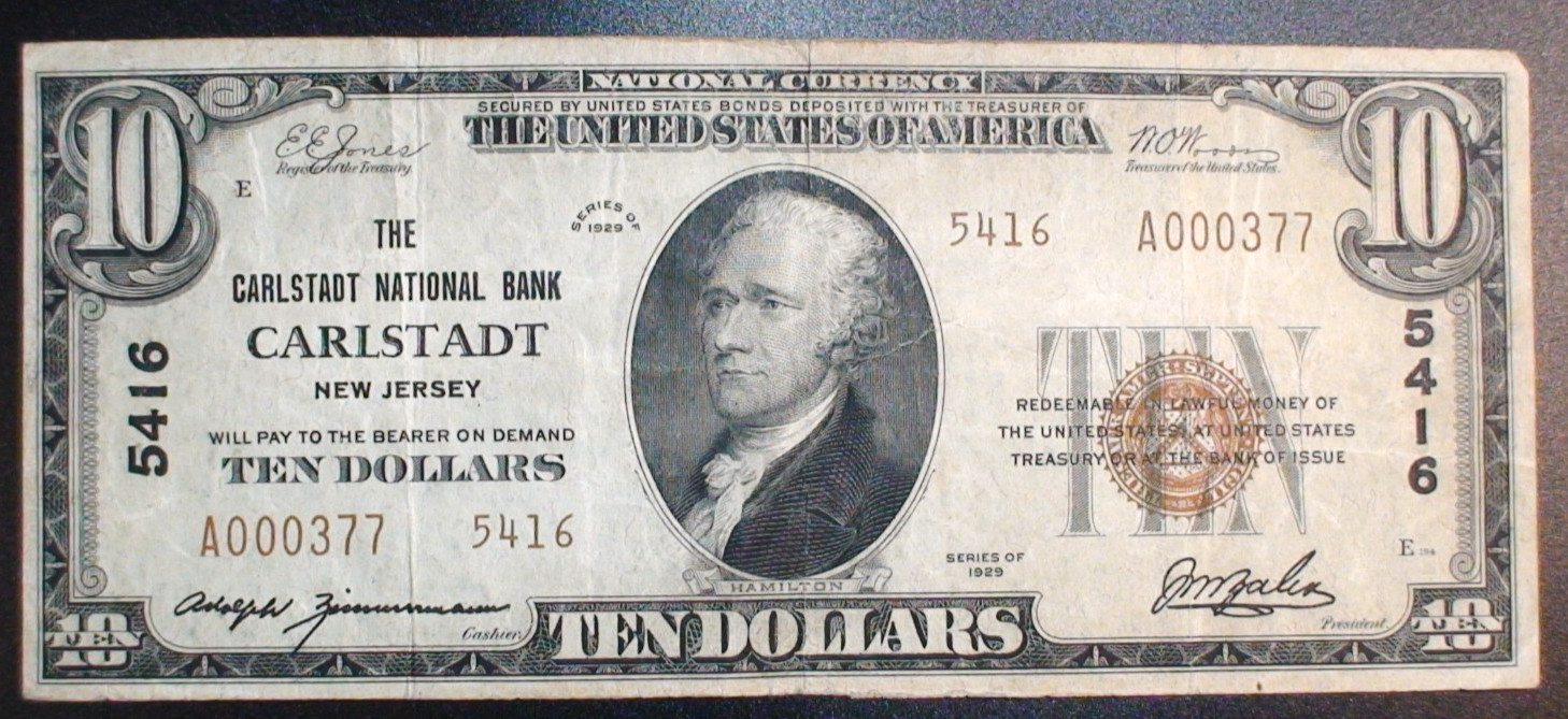 1929 TEN DOLLAR TYPE 2 CHARTER 5416 CARLSTADT N.J. BANK NOTE $10.00 BILL