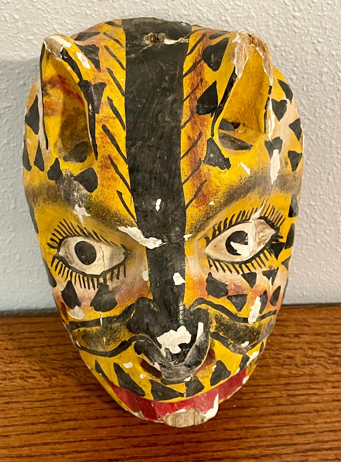 Vintage Mexican Jaguar Mask Hand Carved Wood Guerrero Tigre Dance Folk Art
