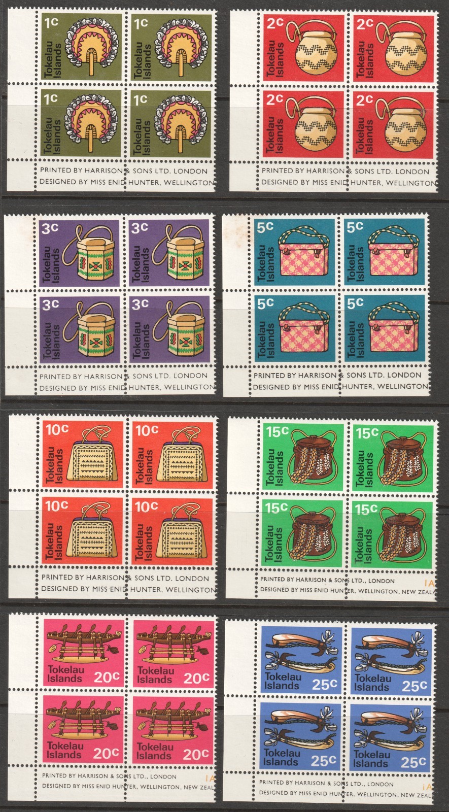 TOKELAU ISLANDS 1971 NATIVE HANDICRAFTS IMPRINT BLOCKS OF 4