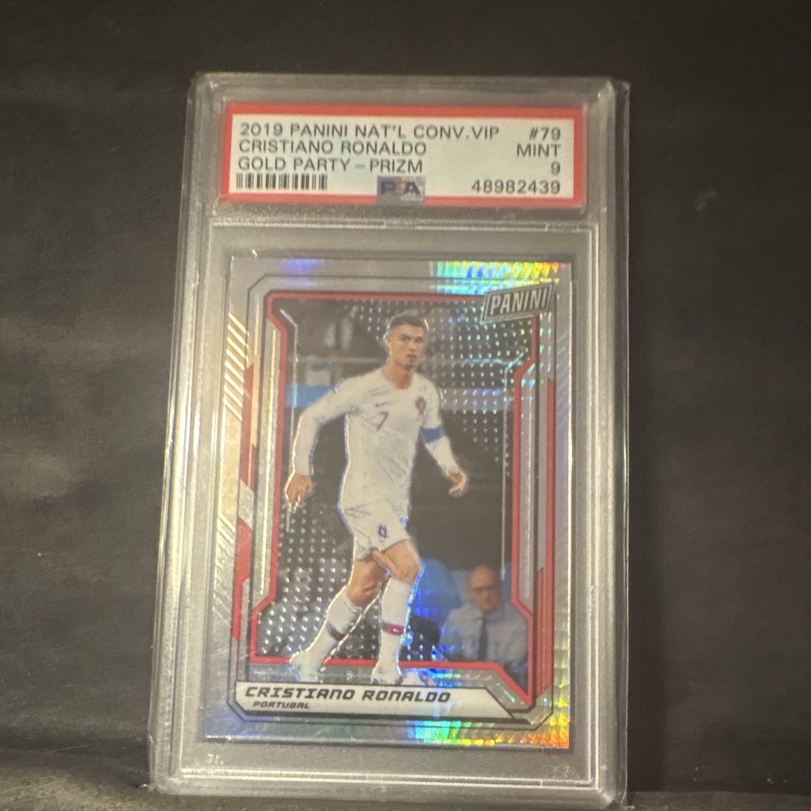 Panini 2019 Nat\'l Conv. VIP Cristiano Ronaldo #79 Gold Party Prizm PSA 9