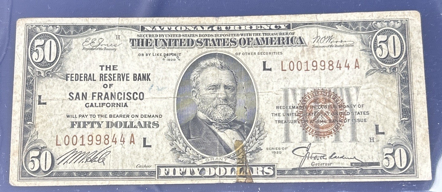 1929 $50 Fifty Dollar Federal Reserve Brown Note San Francisco, CA ~ Low Grade 1929 $50 Fifty Dollar Federal Reserve Brown Note San Francisco, CA ~ Low Grade