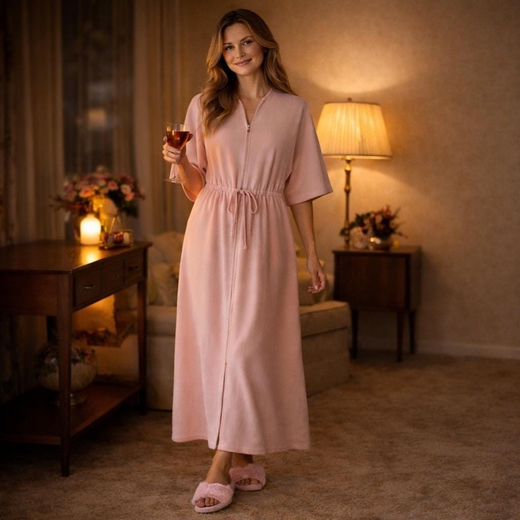 Vtg 70s Vanity Fair Robe Sz M Pink Zip Front Lounge Dress Muumuu Kimono Sleeve