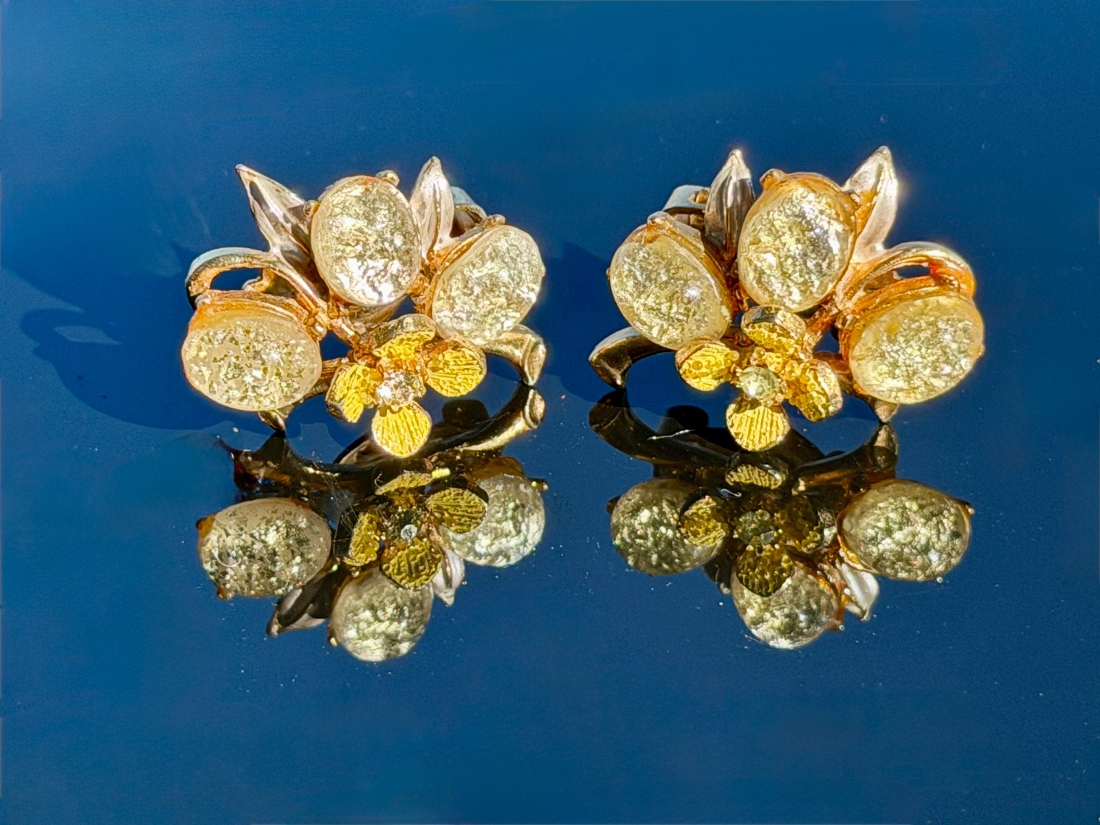 Vtg Signed FLORENZA Yellow Sugar Glass Flower Necklace Bracelet Earrings Parure