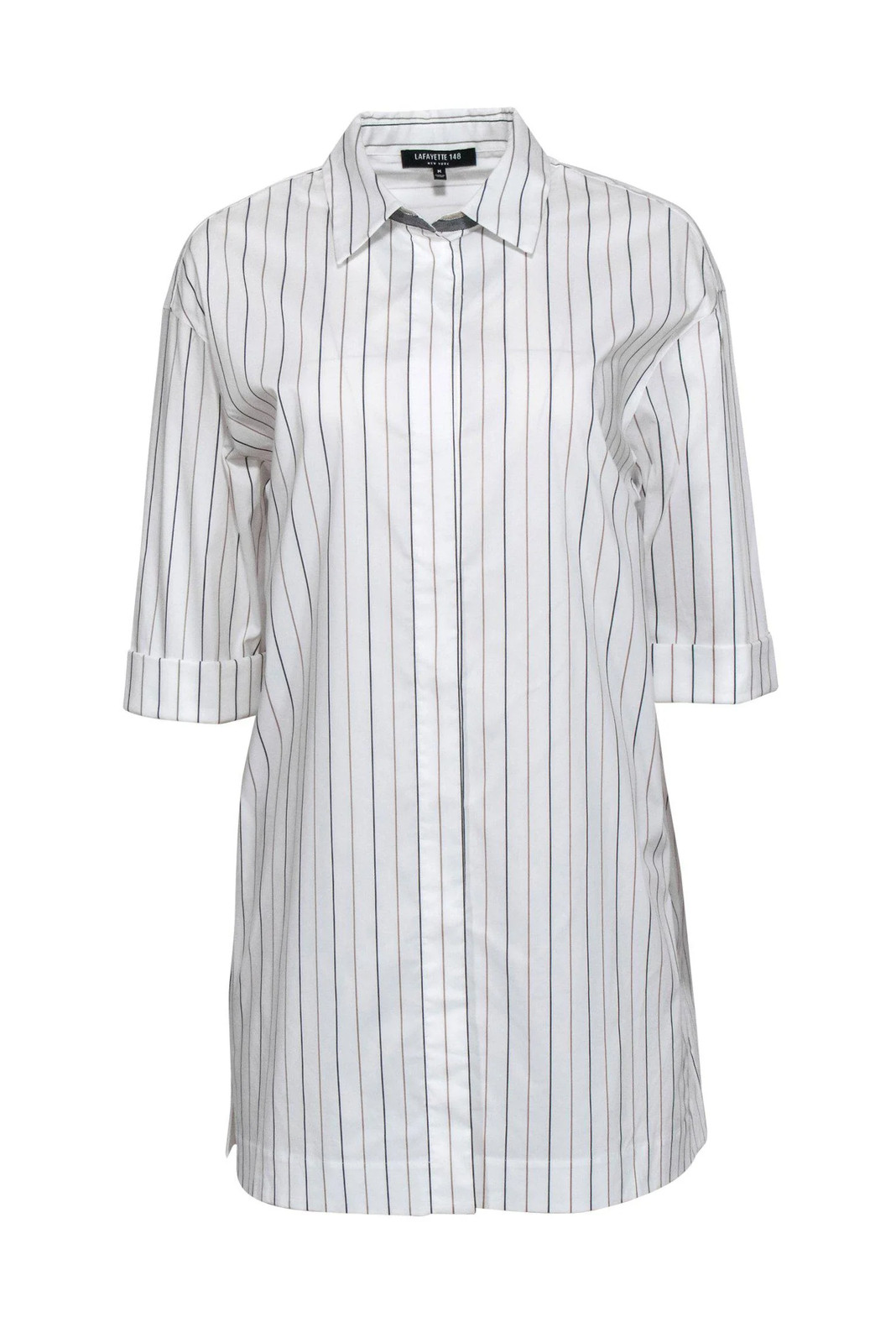 Lafayette 148 - White Striped Collared Short Sleeve Cotton Dress Sz M Lafayette 148 - White Striped Collared Short Sleeve Cotton Dress Sz M