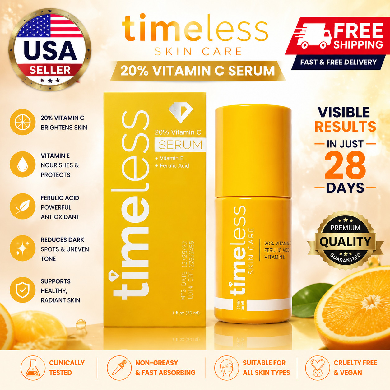 Timeless 20% Vitamin C + E Ferulic Acid Serum 30ml Antioxidant Brightening Skin