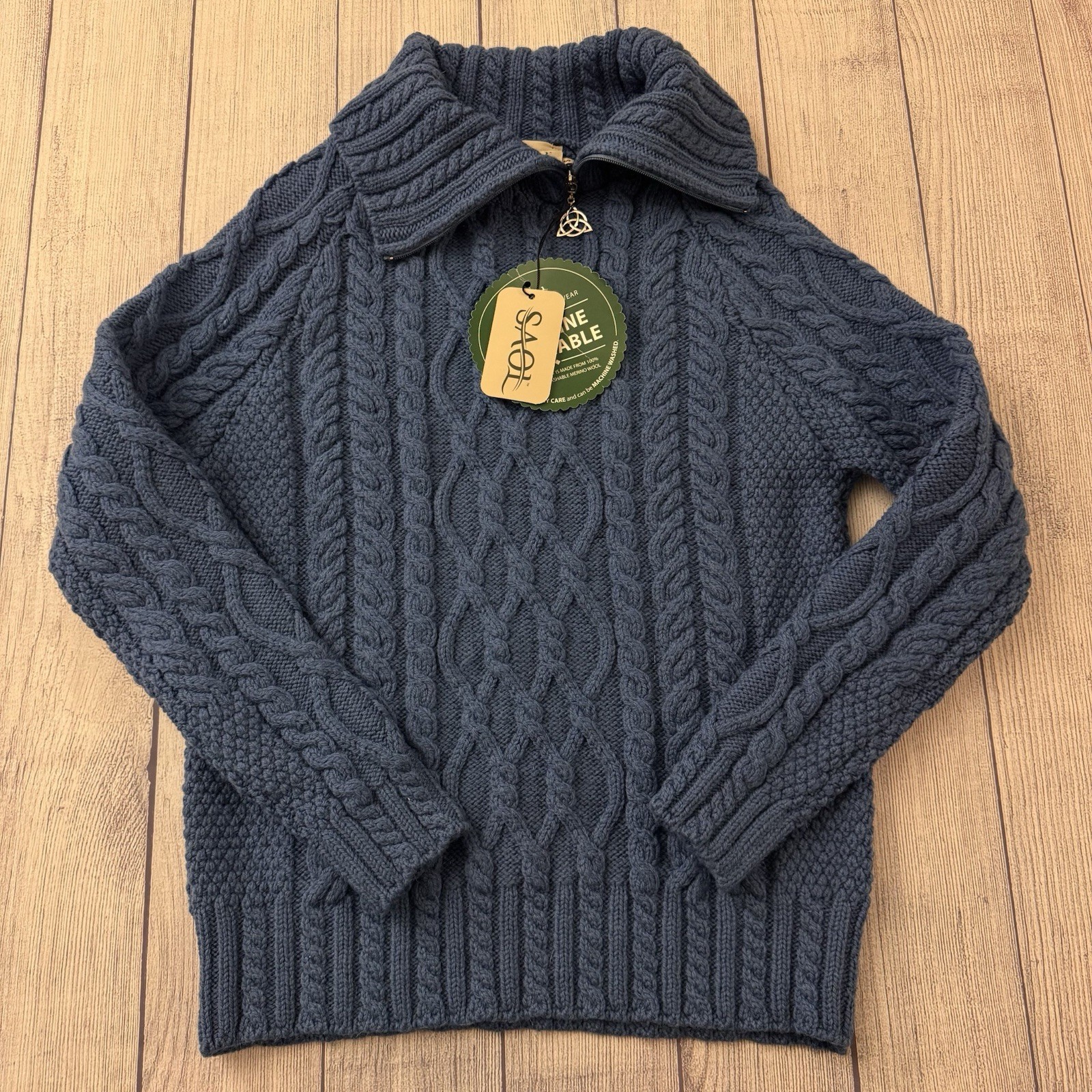 SAOL Ireland Merino Wool Cable Knit Quarter Zip Sweater Blue Womens Size Small