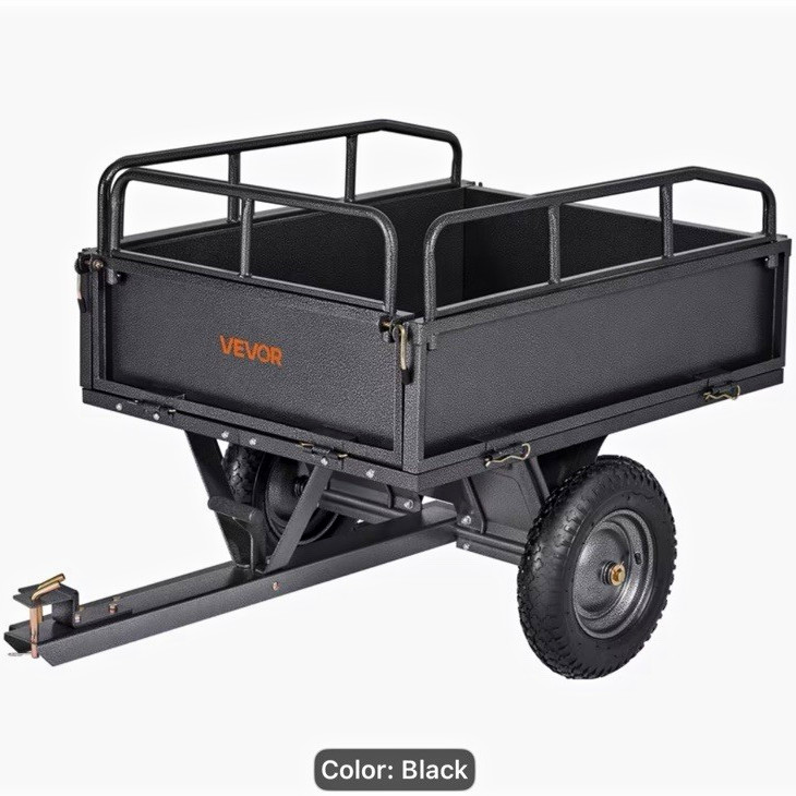 VEVOR Tow-Behind Dump Cart 10 cu ft 500 lb Steel 2-Wheel 14in Rubber Black