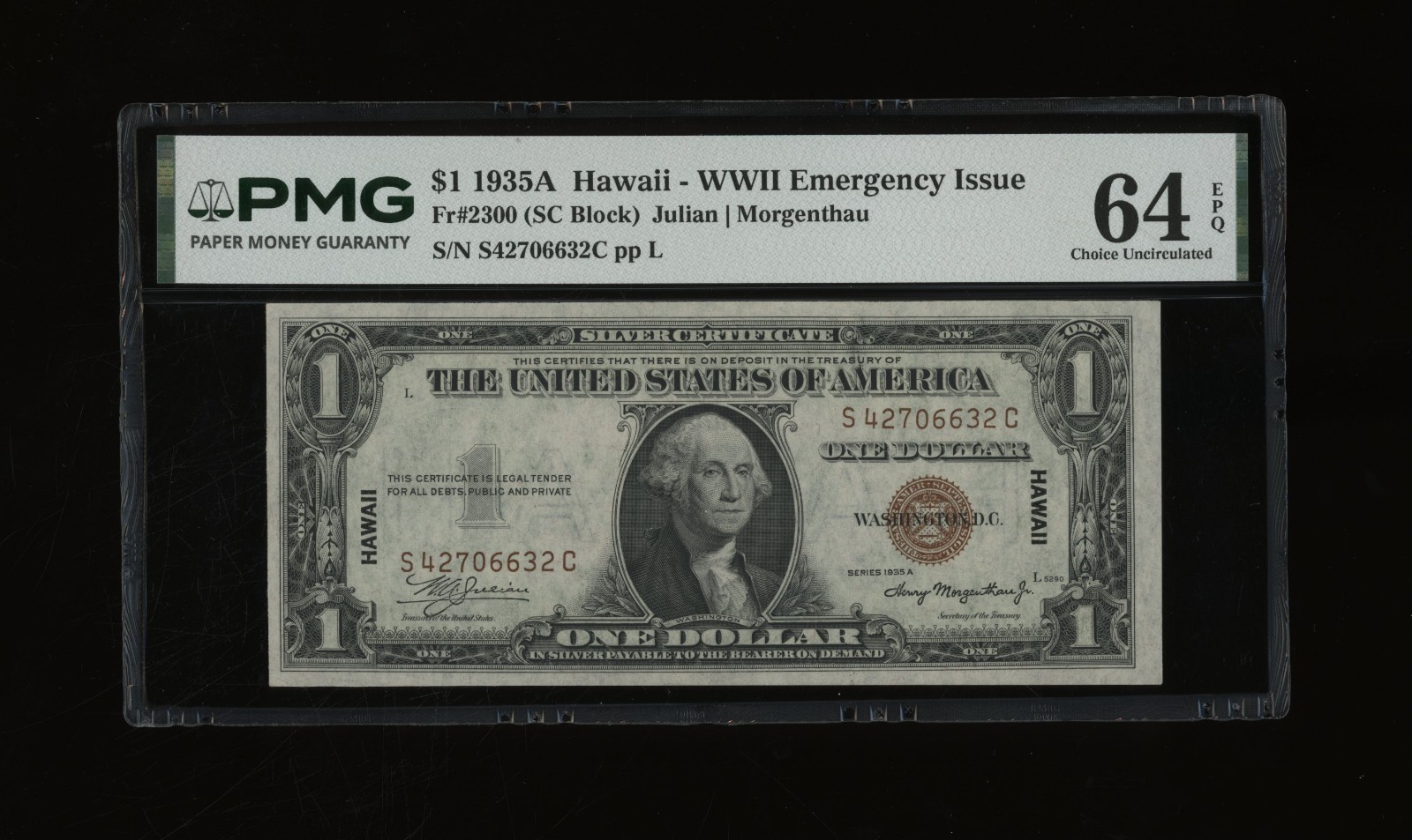 DBR 1935-A $1 Silver Hawaii SC Block Fr. 2300 PMG 64 EPQ Serial S42706632C