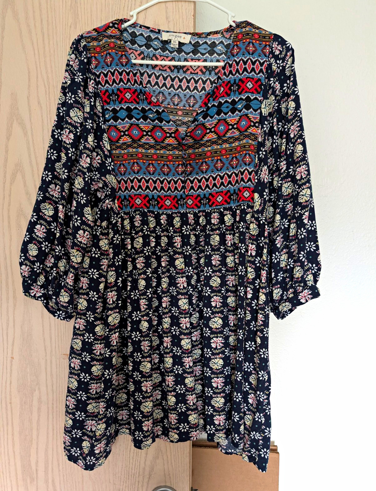 Umgee Brand Boho Floral Geometric Peasant Mini Dress