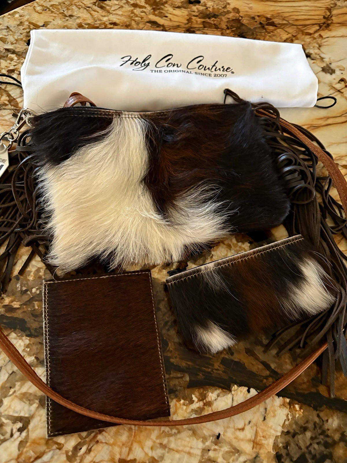 Holy Cow Couture Hair-On Hide Fringe Crossbody Bag Zip Medium Dust Bag