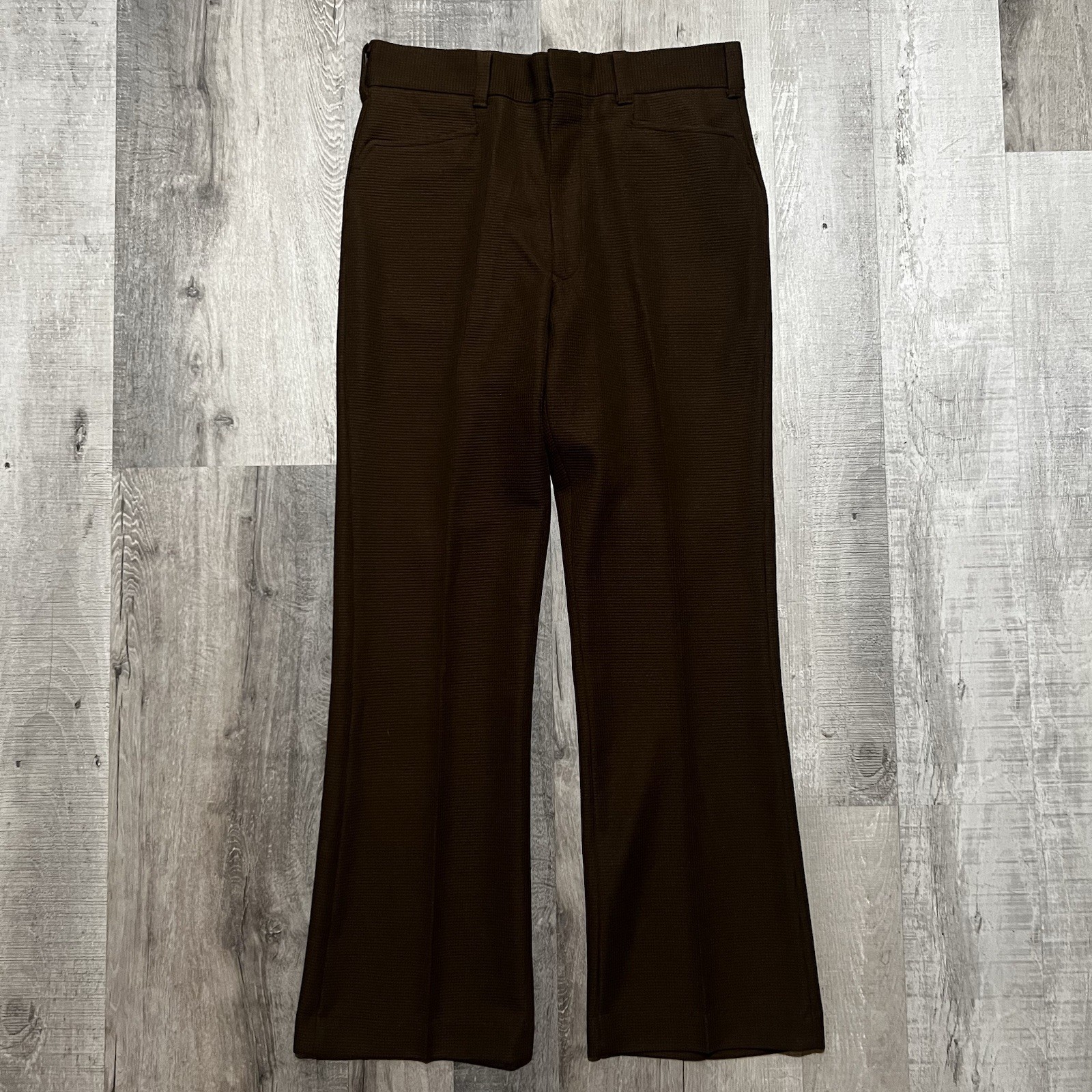 VTG 70s Chocolate Brown Bootcut Polyester Waffle Knit Rockabilly Men\'s Pants 32