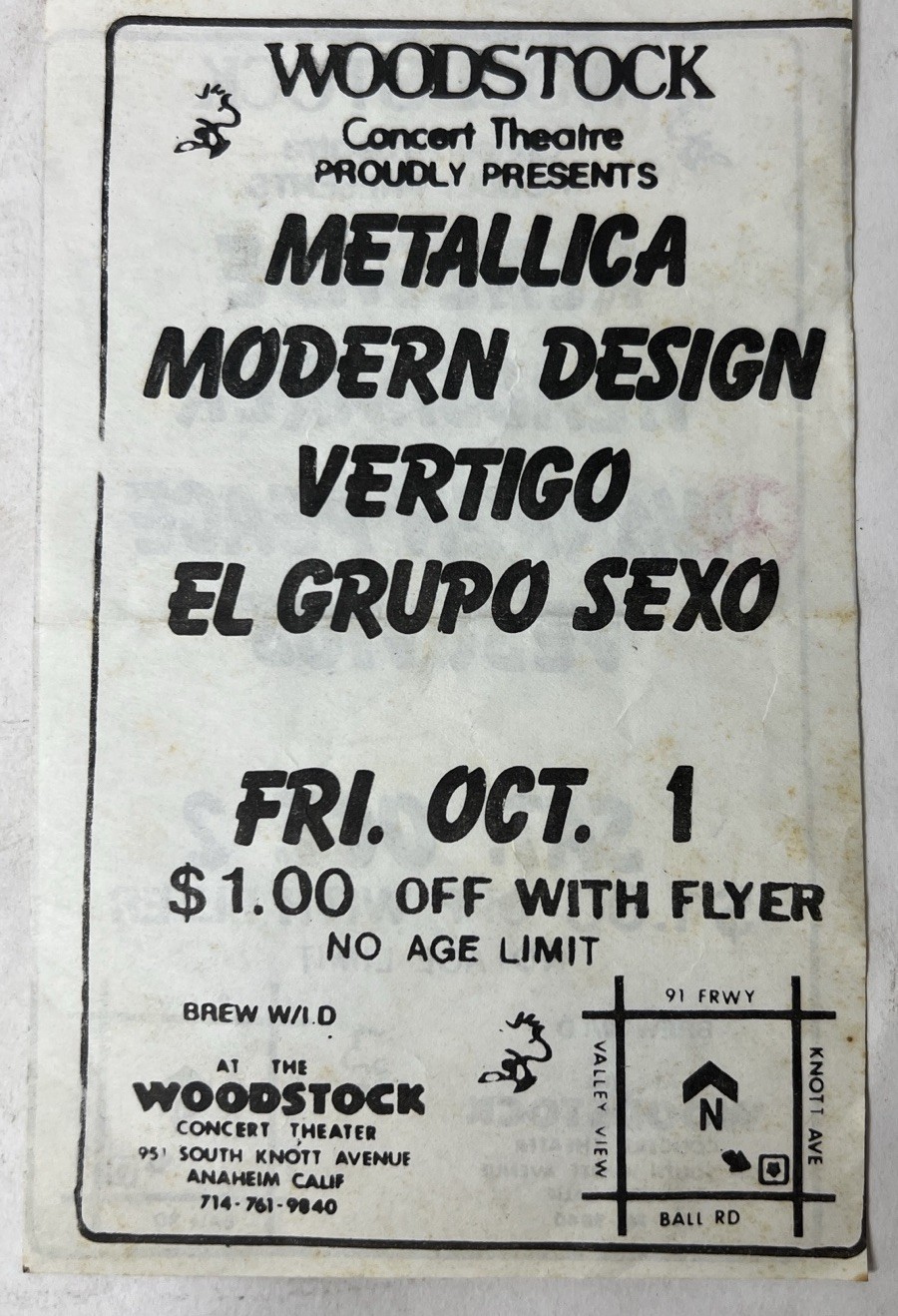 Vintage Metallica Woodstock Concert Theatre Anaheim CA 1982 Concert Flyer