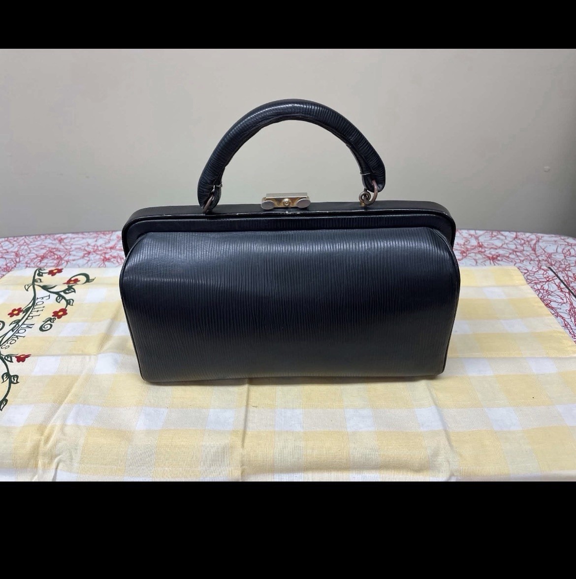 Vintage Women’s Black Textured Frame Top Handle Bag, Clasp, Gold Hardware