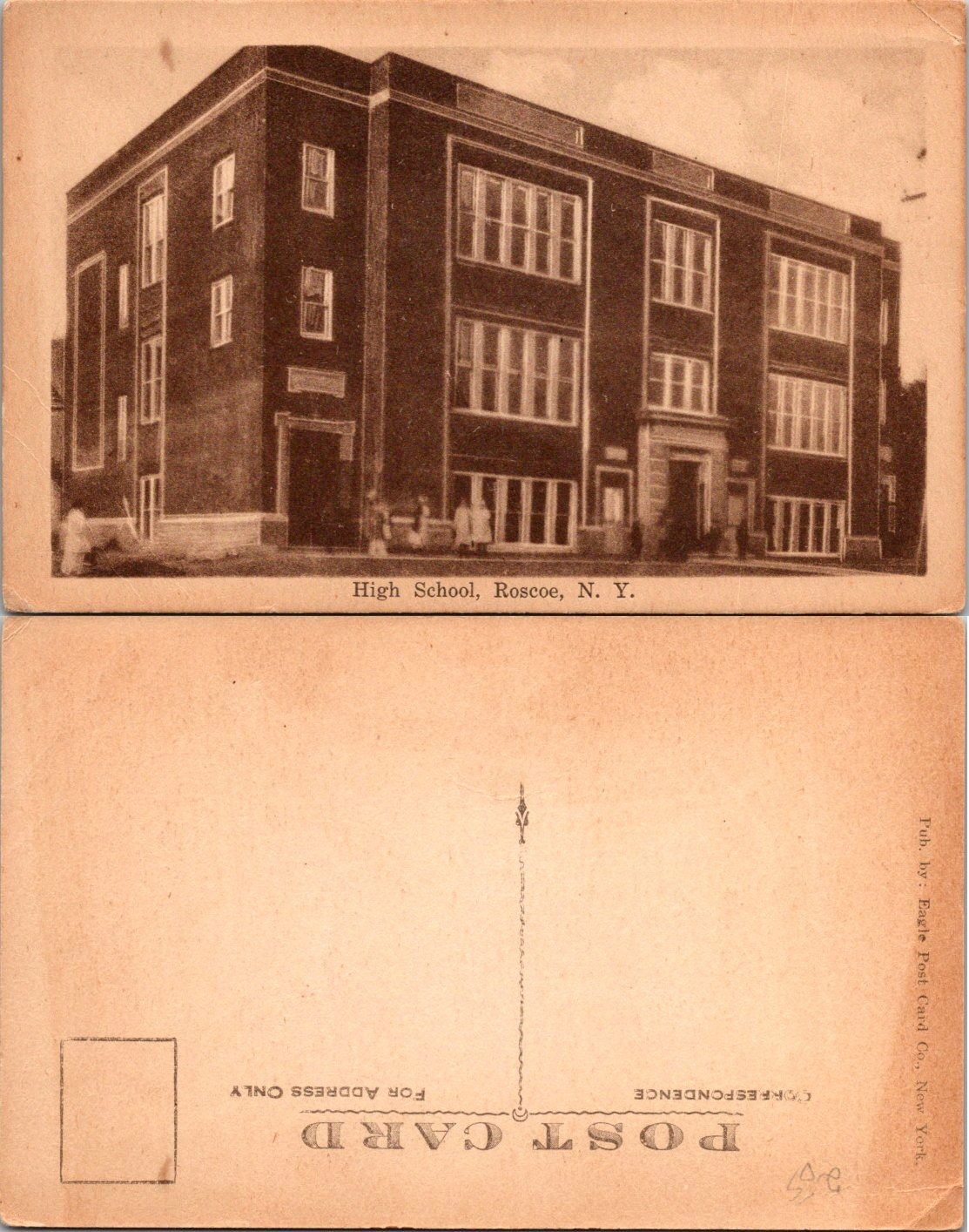 Vintage Postcard High School Roscoe NY Eagle Postcard Co Sepia Tone Divided Back