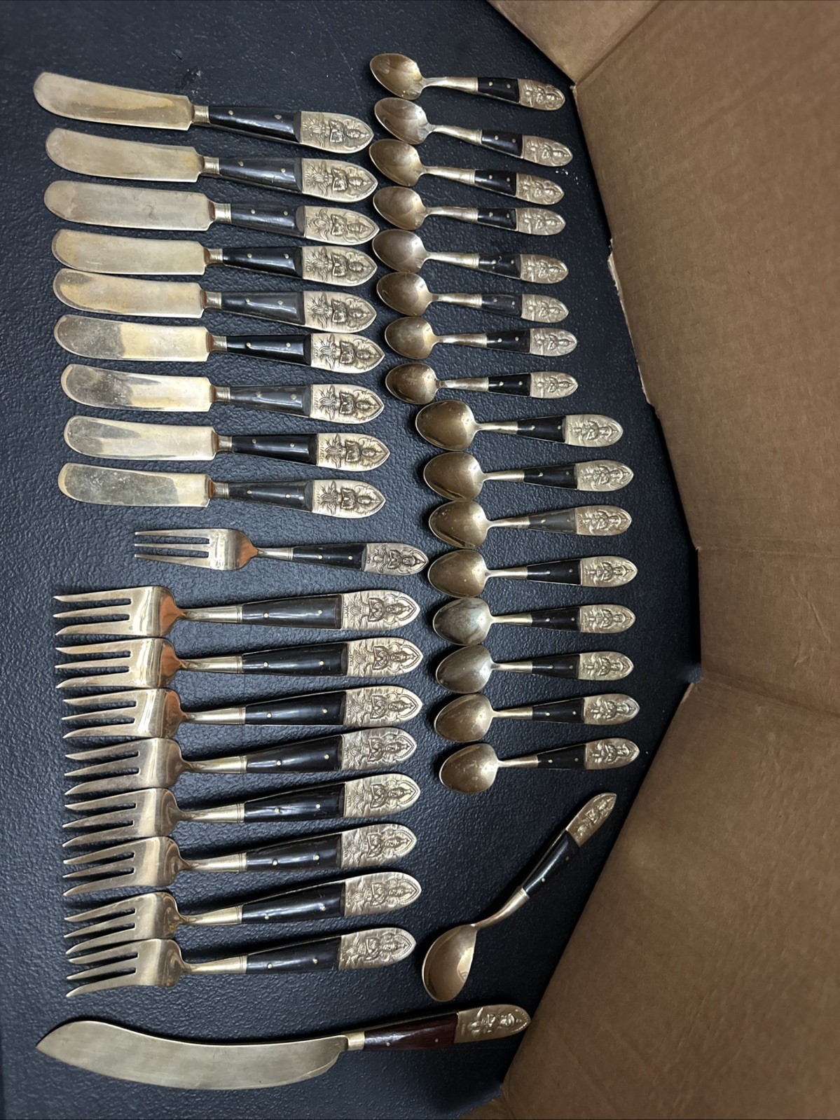 Vintage 1950\'s MCM Siam Bronze Black Wood Flatware 36 Piece Set Buddha Thailand