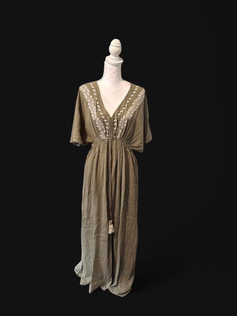 World Market Olive Embroidered Boho Kaftan Maxi Dress L/XL NWT