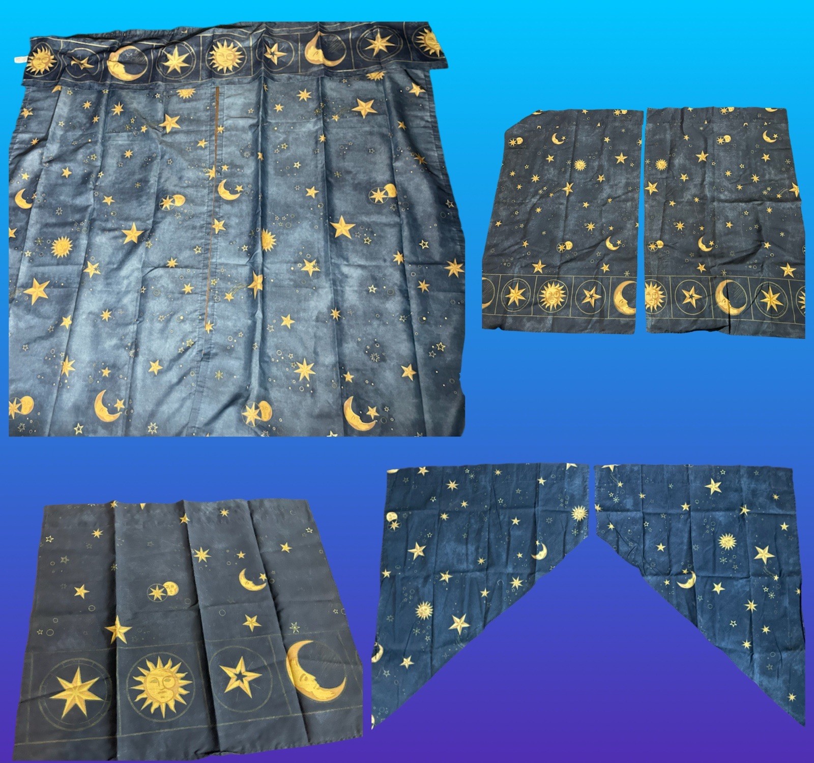Vintage Celestial Moon Star Shower Curtain + Window Curtains Bathroom Set 6 Pcs