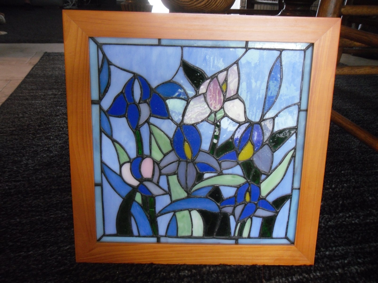 Vintage Stained Glass Wood Framed Floral Iris Panel Suncatcher 13 Vintage Stained Glass Wood Framed Floral Iris Panel Suncatcher 13