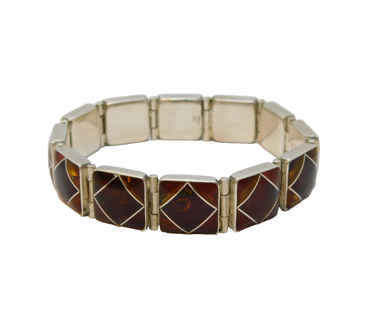Sterling Silver Modernist Baltic Amber Section Panel Bracelet Vintage London