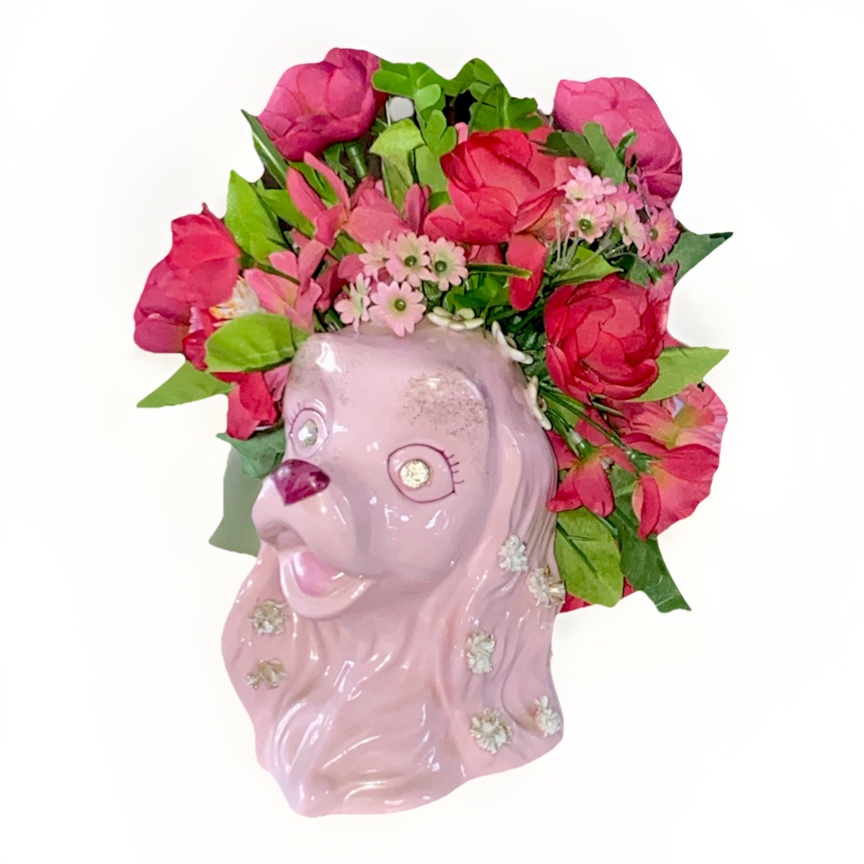 VTG Lefton MCM Pink Dog Planter Vase Spaghetti Flowers Rhinestone Eyes 1950’s
