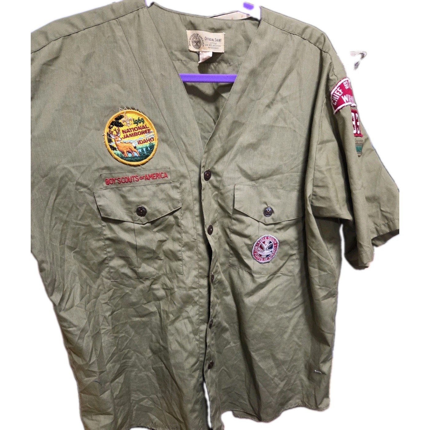 VTG BSA 1960s Uniform Collarless Short Sleeve Shirt With Patches Size 16