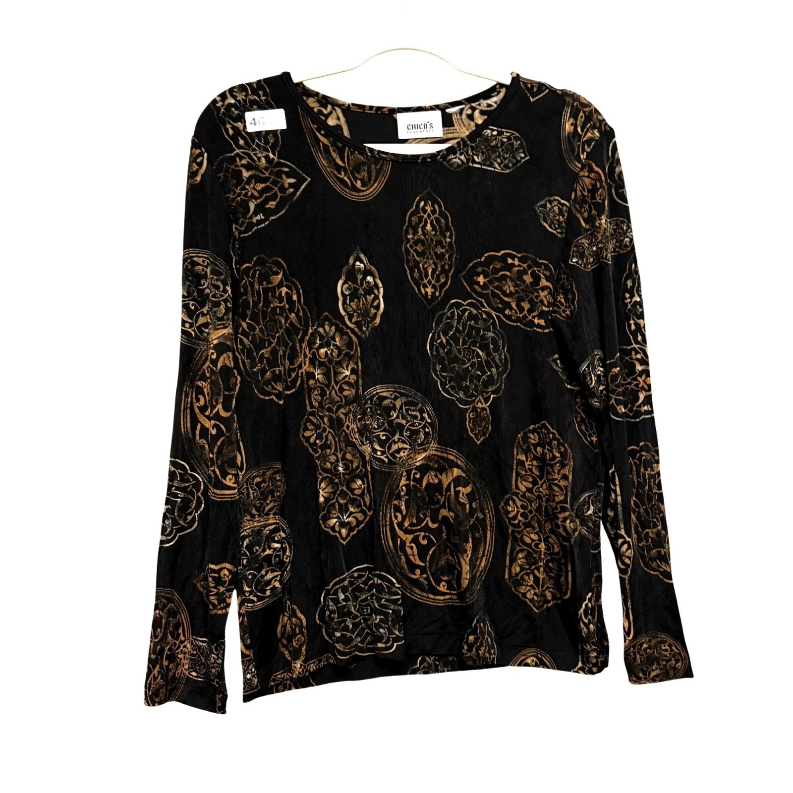 Chico\'s Travelers Women\'s Long Sleeve Top Black Tan Muted Medallion Print Stretc