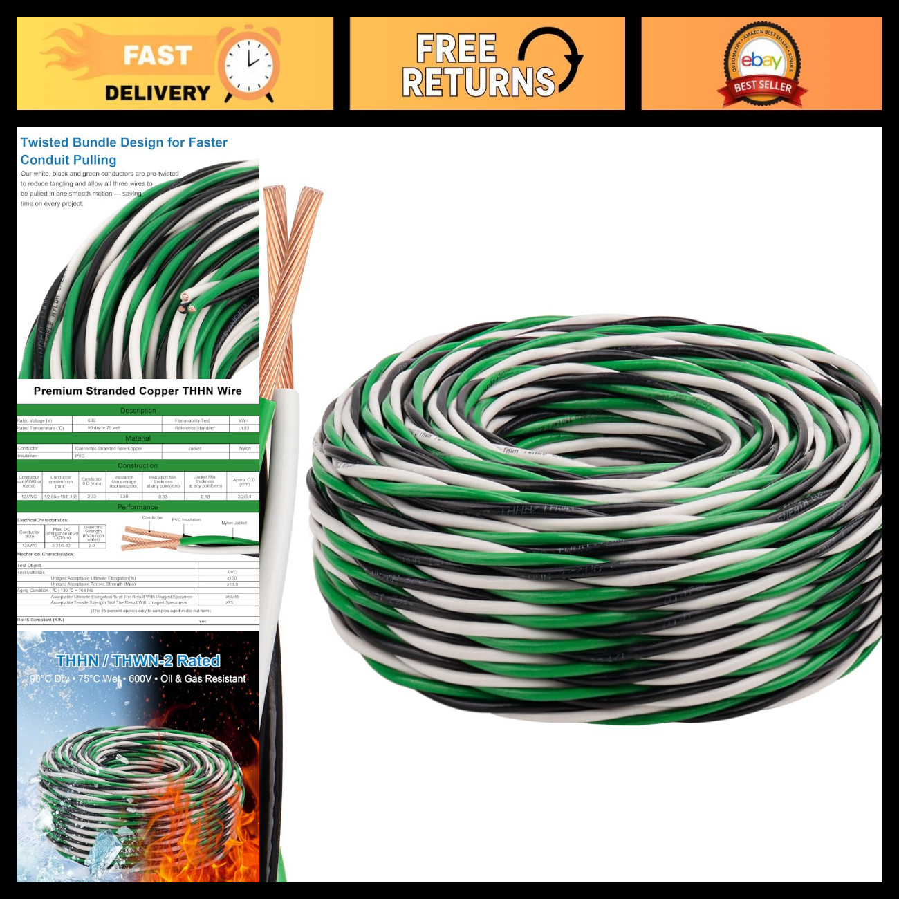 50FT 12 AWG THHN Wire Set - Black/White/Green, Stranded Copper, 600V, Nylon Jack 50FT 12 AWG THHN Wire Set - Black/White/Green, Stranded Copper, 600V, Nylon Jack