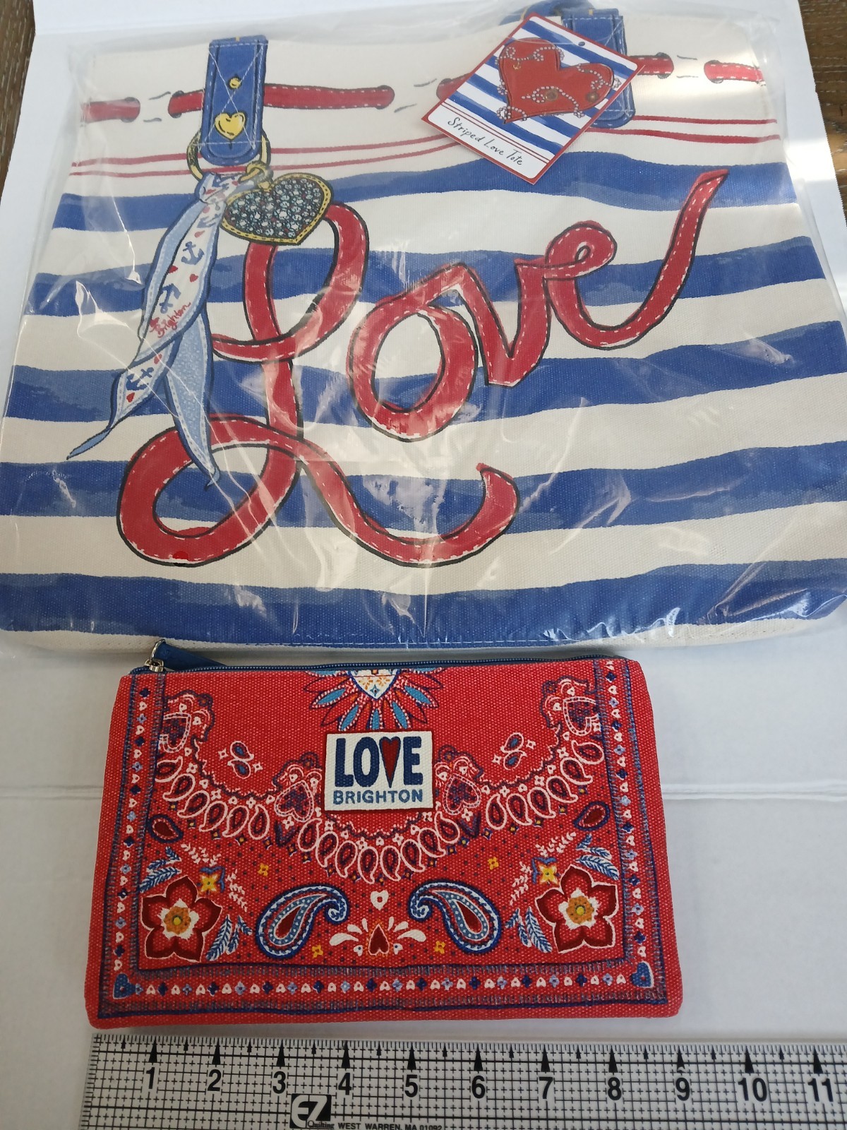 Brighton Striped Love Tote Bag with a Brighton Red Bandana Paisley Makeup Pouch Brighton Striped Love Tote Bag with a Brighton Red Bandana Paisley Makeup Pouch