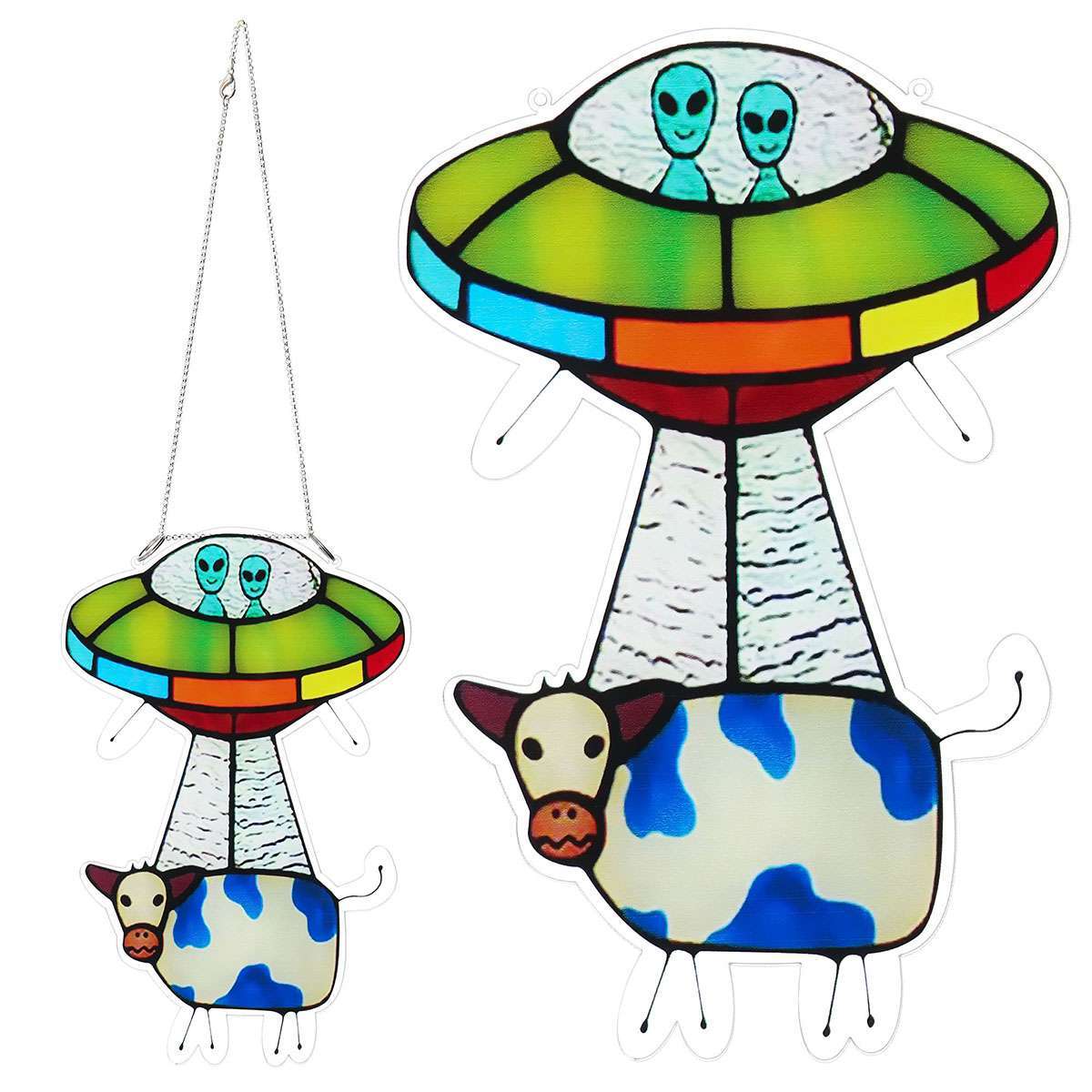 UFO Alien Cow Pendant Stained Glass Suncatcher Window Panel Garden Decoration