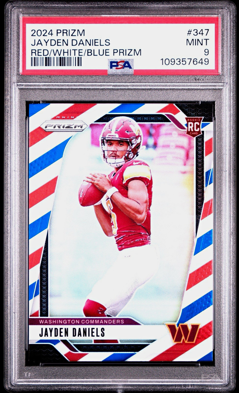 Panini 2024 Prizm Jayden Daniels #347 Red White & Blue Prizm Rookie PSA 9 Panini 2024 Prizm Jayden Daniels #347 Red White & Blue Prizm Rookie PSA 9