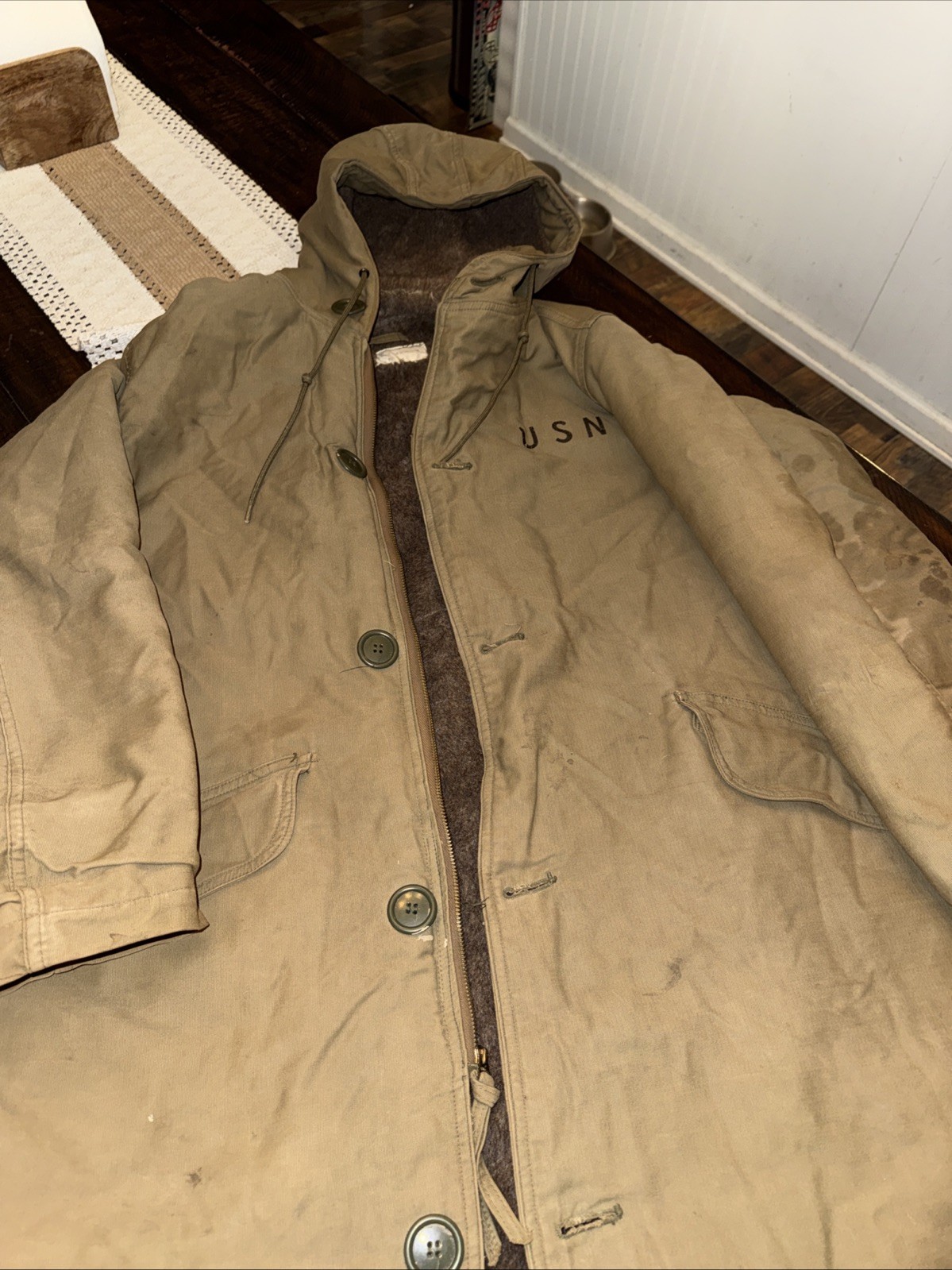 Vintage 1940s United States Navy Full Length Coat Wool Deck Parka USS Howard Gil