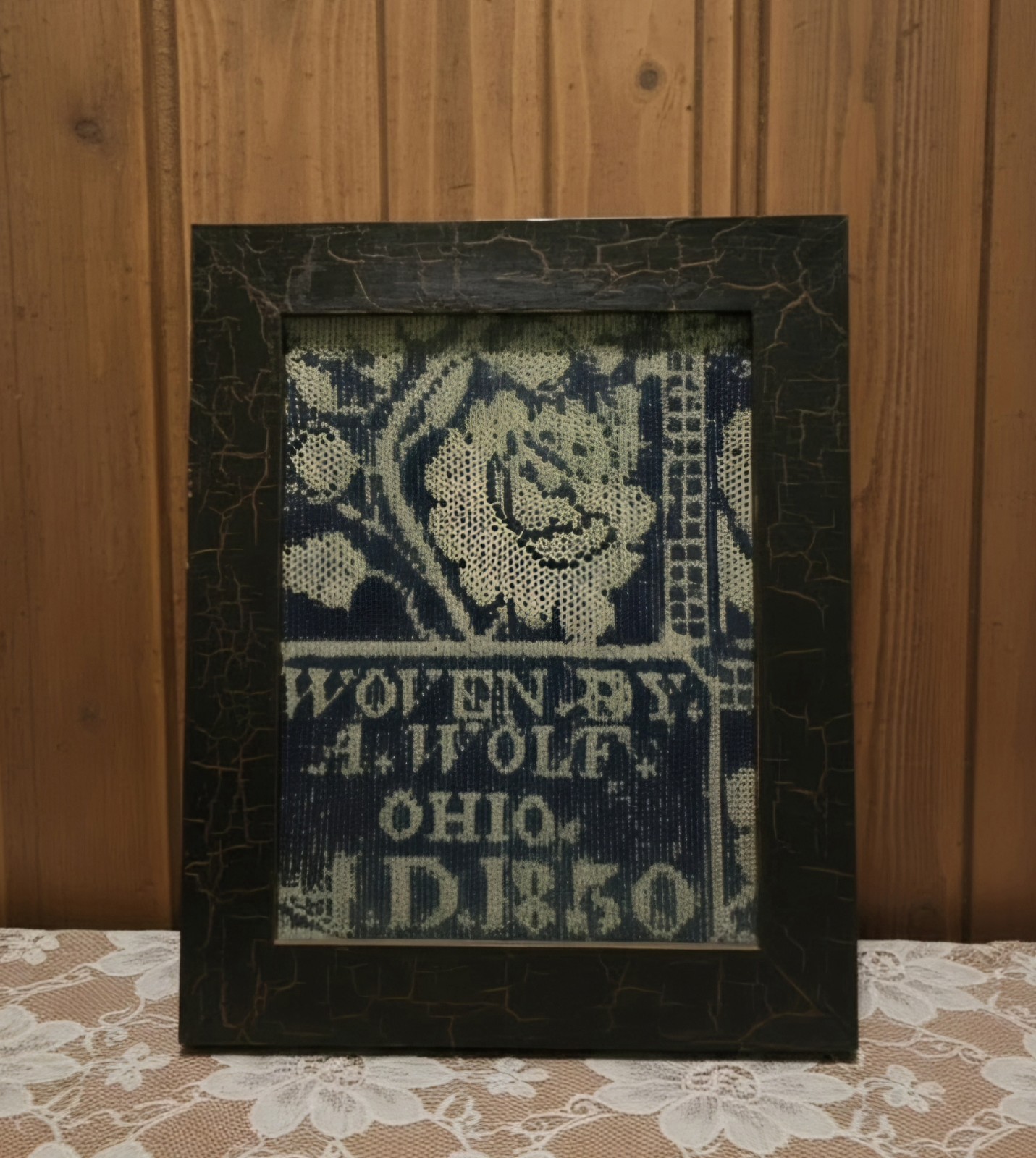 Adam Wolf 1850 Antique  jacquard framed coverlet fragment . Ohio History