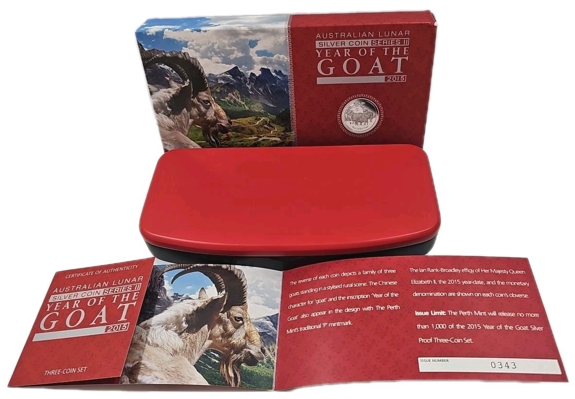 Australia 2015 Year Goat Sheep Ram Lunar 3 Coin Silver Proof Set SERIAL #0343 Australia 2015 Year Goat Sheep Ram Lunar 3 Coin Silver Proof Set SERIAL #0343