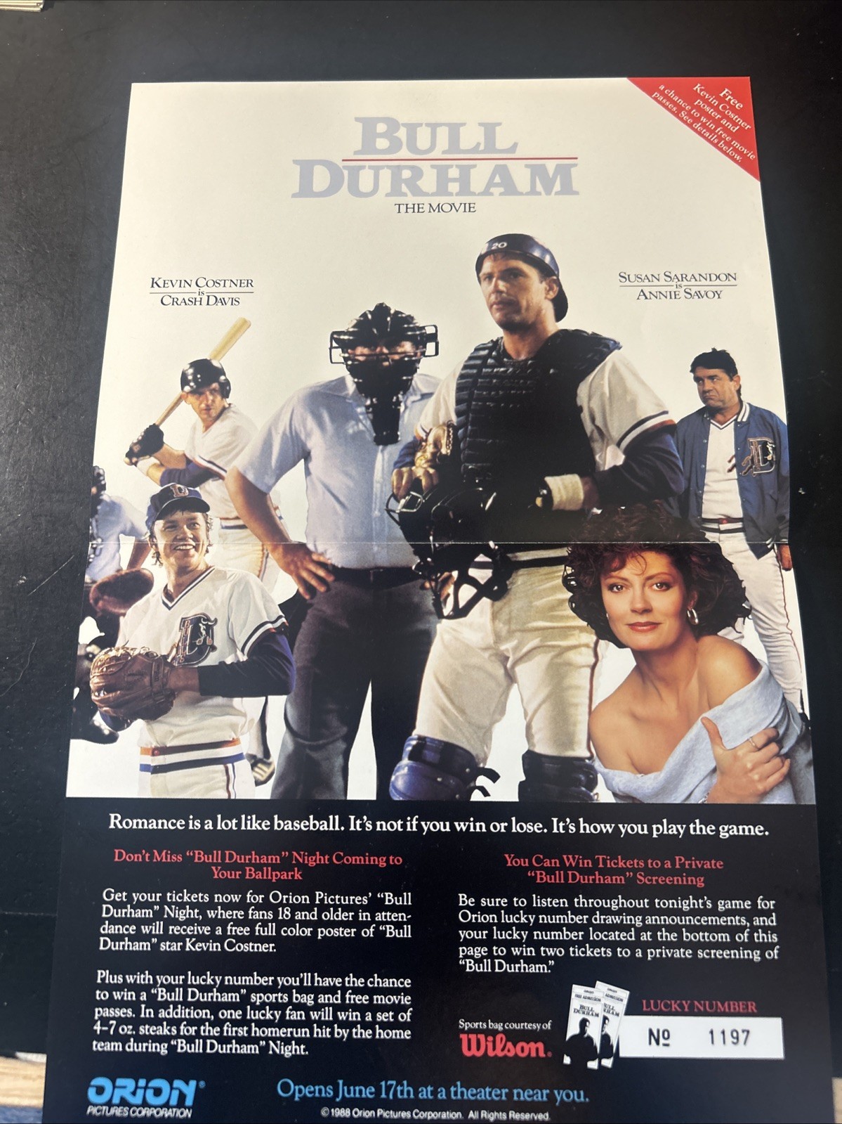 RARE 1988 Bull Durham Kevin Costner 9x13 Ballpark Movie Poster Original Orion