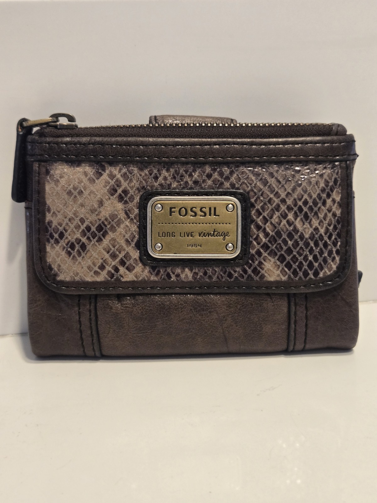 Fossil Long Live Vintage 1954 Emory Brown  Leather & Snakeskin Embossed Wallet
