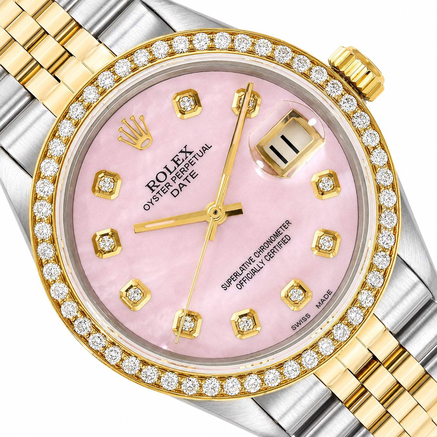 34mm Rolex Perpetual Date 1500 Pink MOP Diamond Dial Jubilee Band Watch