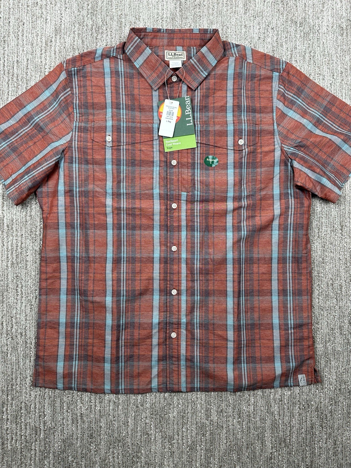 NWT LL Bean Mens SunSmart Cool Weave Shirt Short Sleeve Plaid Red Large Outdoors