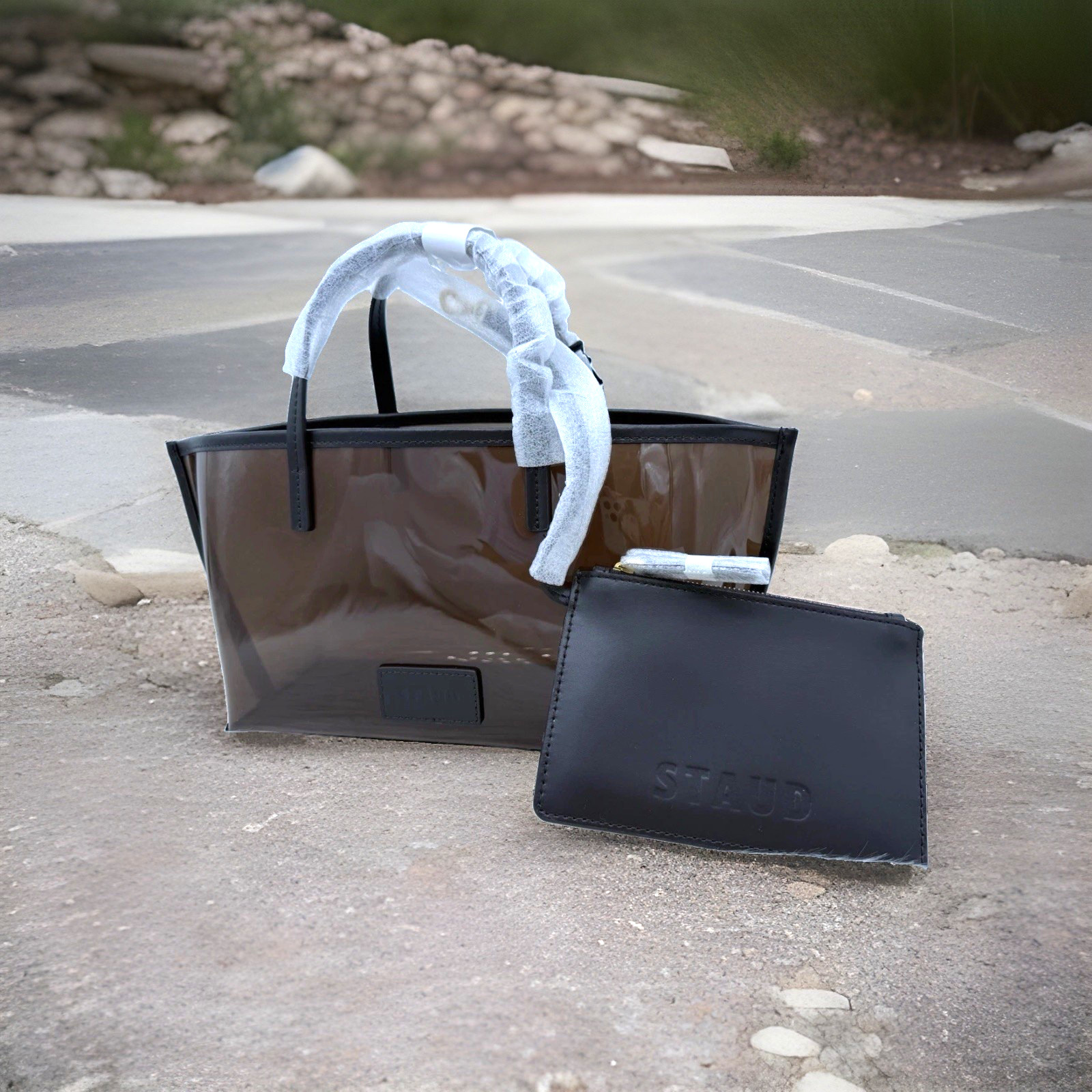 AUTH NWT STAUD Women’s Christos Mini Transparent Top Handle Tote Bag In Espresso