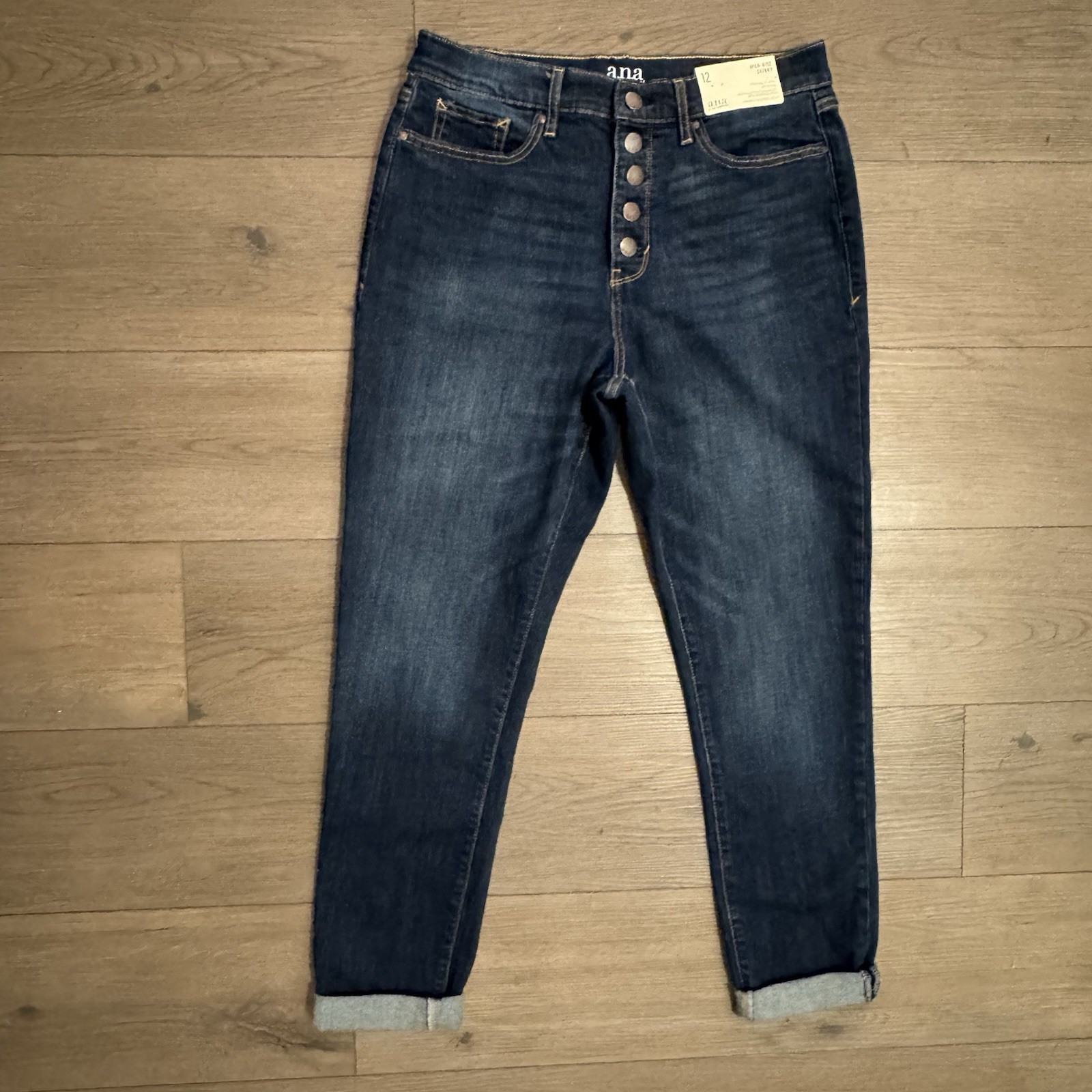 A.N.A A New Approach Jeans Women\'s 12 Blue Dark Wash High Rise Skinny Button Fly