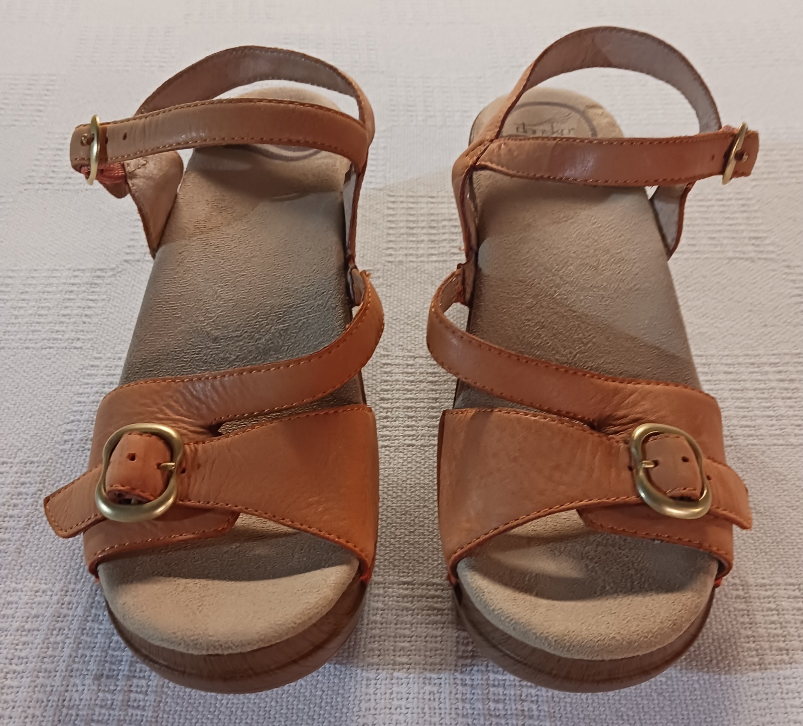Dansko Sandi Tan Leather Ankle - Strap Wedge Sandal, Metallic Gold Toned Buckles Dansko Sandi Tan Leather Ankle - Strap Wedge Sandal, Metallic Gold Toned Buckles