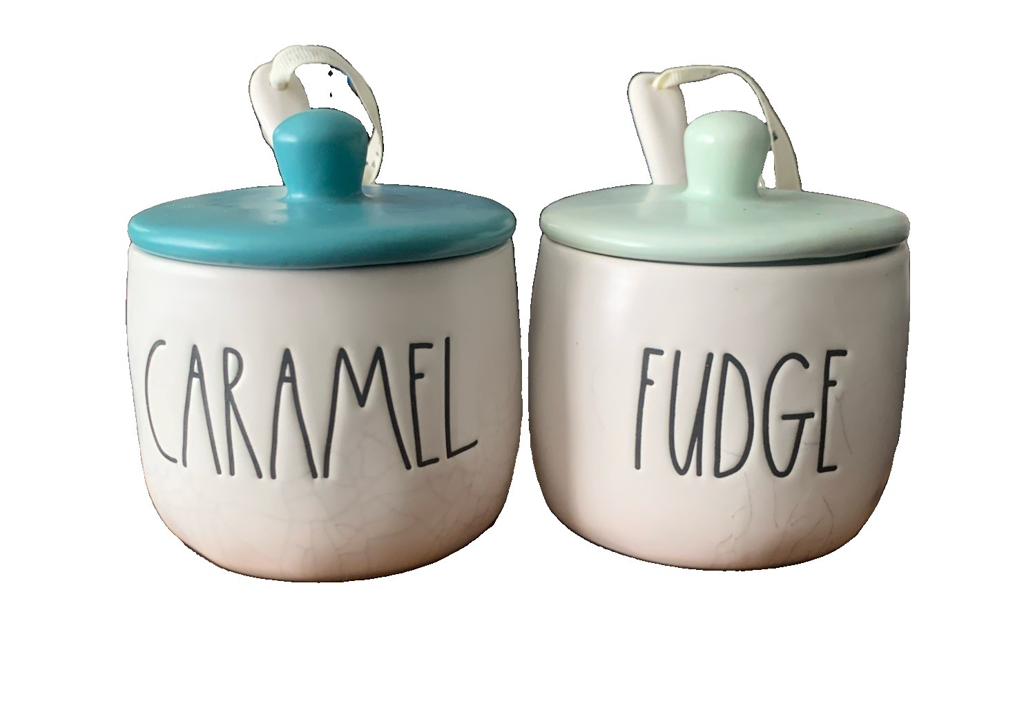 Pre Owned Rae Dunn Artisan Collection By Magenta Caramel & Fudge Lid Jars Spoons