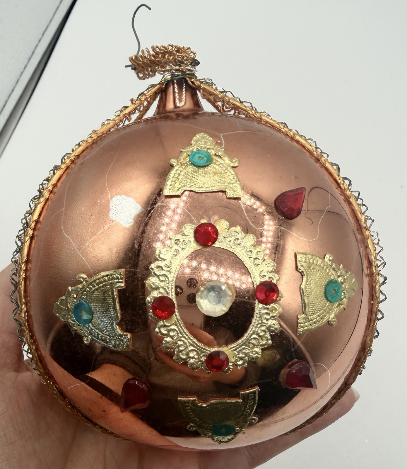 Vtg West Germany 4” Bronze Jeweled Wire Wrapped Glass Christmas Ornament MCM