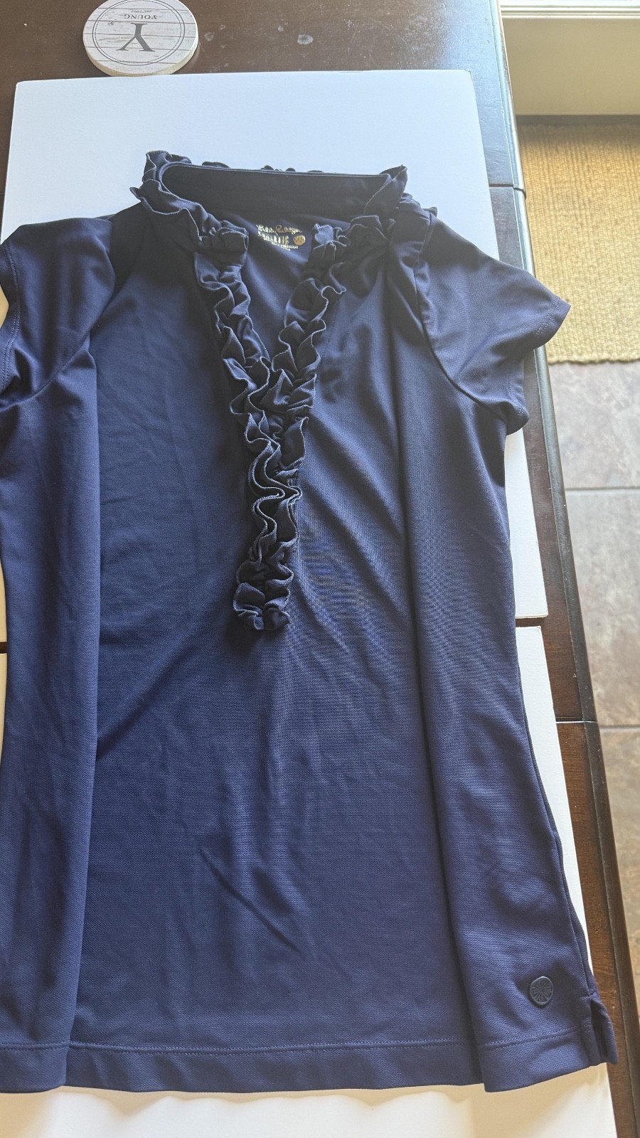 Lilly Pulitzer Luxletic Frida Ruffle Polo Navy Blue Cap Sleeve Golf Top UPF 50+