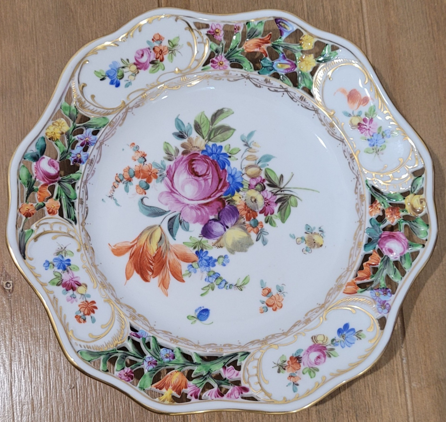 Antique Carl Thieme Reticulated Plate Porcelain Dresden Floral Hand Painted